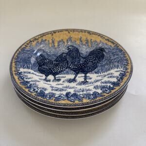VTG American Atelier ROOSTER TOILE 8.25" Salad Plates Lot of 4 Farmhouse Country